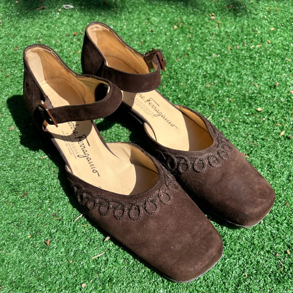 Salvatore Ferragamo Brown Suede Mary Janes